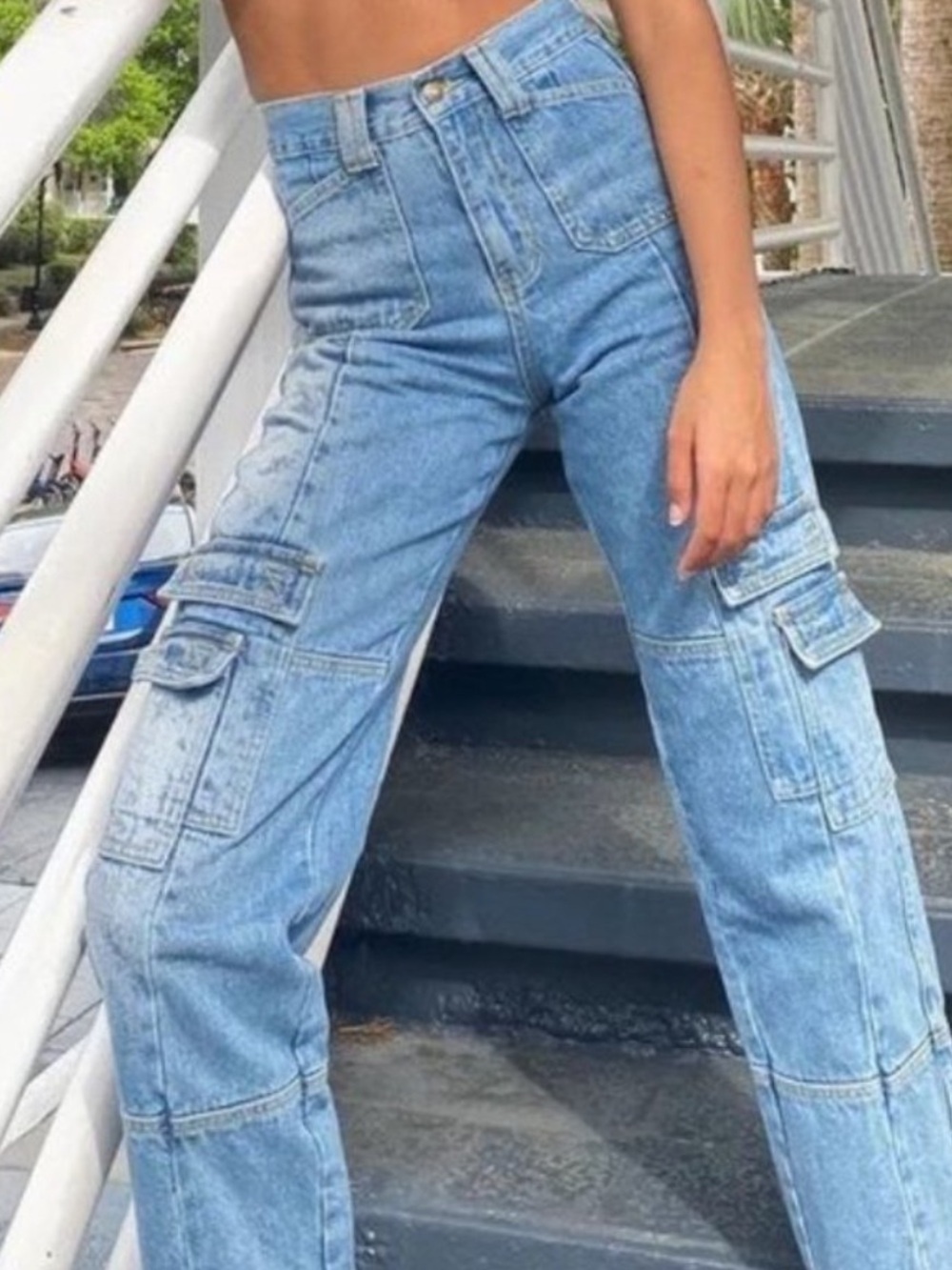 Lioness Denim Cargo Jean Stacy pant small carpenter utility Baggy high rise blue